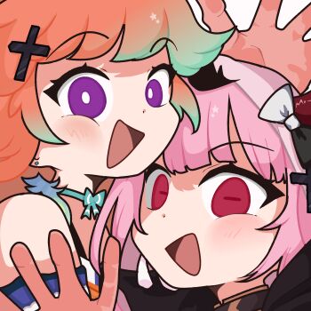 2girls absurdres black_tiara blush bow bow_choker breasts choker commentary_request couple earrings feather_earrings feathers gradient_hair green_choker green_feathers green_hair highres hololive hololive_english jewelry long_hair looking_at_viewer mori_calliope mori_calliope_(1st_costume) multicolored_hair multiple_girls nano_(fushide) open_mouth orange_hair pink_hair purple_eyes shoulder_spikes smile spiked_cape spikes takanashi_kiara takanashi_kiara_(1st_costume) tiara veil virtual_youtuber yuri