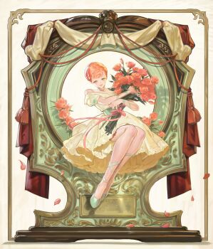 1girl arm_ribbon bare_shoulders blunt_bangs blush border bouquet bow braid braided_bun breasts center-flap_bangs chinese_commentary choker clip_studio_paint_(copyright) clip_studio_paint_(medium) collarbone commentary_request curtains double-parted_bangs dress dress_bow english_text falling_petals flower full_body green_bow green_eyes green_ribbon hair_bun half-closed_eyes high-low_skirt highres holding holding_bouquet lace lace-trimmed_dress lace_trim leg_ribbon legs_together making-of_available nownow off-shoulder_dress off_shoulder official_art open_mouth orange_hair original ornate_border petals plaque puffy_short_sleeves puffy_sleeves red_flower red_petals red_ribbon red_rope red_rose ribbon rope rose rose_petals shoes short_sleeves sitting sitting_on_object small_breasts smile solo tassel white_ribbon white_shoes yellow_choker yellow_dress yellow_ribbon