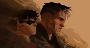 Rule 34 | aged up, alsoenderr, batman (series), black hair, blue eyes, bodysuit, dc comics, domino mask, dual persona, eye mask, highres, jason todd, male focus, mask, multicolored bodysuit, multicolored hair, multiple boys, muscular, muscular male, scar, scar on face, short hair, simple background, superhero costume, taut bodysuit, two-tone bodysuit, two-tone hair, wrinkled skin