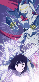 Rule 34 | 1girl, alternate universe, armor, armored gloves, armpits, arms at sides, artist request, biomerge, black hair, bob cut, breasts, character request, clenched hands, clenched teeth, collarbone, completely nude, dianamon, digimon, digimon (creature), digimon tamers, energy, epic, expressionless, facing viewer, female focus, flat chest, floating hair, fusion, highres, looking at viewer, mask, matrix evolution, medium breasts, medium hair, mouth mask, neck, nude, original, out-of-frame censoring, parted lips, purple eyes, purple theme, sidelocks, teeth, topless frame, unworn clothes, upper body, wind, wind lift, yellow eyes