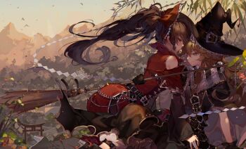 >:) 2girls alternate_costume artist_name belt belt_buckle black_gloves black_hat blonde_hair blush bow broom brown_eyes brown_hair buckle capelet closed_mouth commentary_request copyright_name cross detached_sleeves dress duplicate embellished_costume eye_contact floating_hair gloves gohei hair_between_eyes hair_bow hair_tubes hakurei_reimu half-closed_eyes hat hat_belt holding holding_broom house kawacy kirisame_marisa koumajou_densetsu long_hair looking_at_another messy_hair mountain multiple_girls outdoors ponytail profile red_bow scarf shide smile torii touhou v-shaped_eyebrows village wavy_hair wind witch_hat yellow_eyes yuri