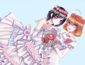 2girls ahoge artist_request black_hair blue_eyes bouquet commentary_request detached_sleeves dress flower hair_flower hair_ornament multiple_girls orange_hair penny_polendina rose ruby_rose rwby sleeveless sleeveless_dress wedding_dress white_dress wife_and_wife yuri