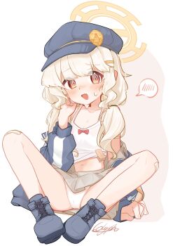 1girl absurdres aoba_(blue_archive) armband black_hat blonde_hair blue_archive blue_hat blue_jacket blush bow bow_camisole brown_skirt newsboy_cap cameltoe camisole commentary_request fang flat_chest fluffy_hair full_body glyphsss halo hat highres jacket loli long_hair long_sleeves looking_at_viewer low_twintails navel open_clothes open_mouth orange_armband orange_halo panties pantyshot pleated_skirt red_eyes shirt shoes signature simple_background sitting skin_fang skirt solo spoken_blush spread_legs sweatdrop twintails two-tone_background underwear wavy_eyes white_background white_camisole white_panties white_shirt yellow_armband yellow_halo