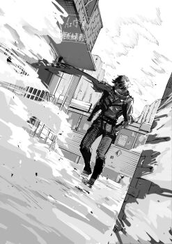 03_kyv 1boy belt black_jacket black_pants brick_wall building closed_mouth commentary full_body greyscale hand_in_pocket highres jacket lighter_(zenless_zone_zero) male_focus monochrome outdoors pants pouch scarf short_hair solo sunglasses symbol-only_commentary thigh_pouch wind zenless_zone_zero