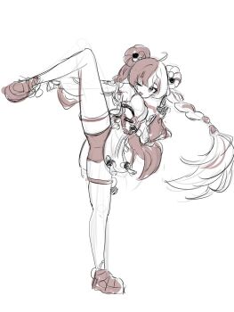 1girl ahoge bare_shoulders black_hair black_shorts braid braided_twintails china_dress chinese_clothes commentary detached_sleeves dialyn_(zenless_zone_zero) dress english_commentary full_body hair_extensions kesiutu leg_up long_hair multicolored_hair one_eye_closed open_mouth ring_hair_extensions shorts simple_background solo split-color_hair standing standing_on_one_leg thighhighs unfinished white_background white_hair white_thighhighs wire zenless_zone_zero