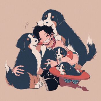 +++ 1boy animal arm_tattoo armband baby_animal bernese_mountain_dog black_boots boots bracelet brown_hat closed_eyes collarbone commentary_request dog freckles grin hat holding holding_animal jewelry licking licking_another's_cheek licking_another's_face log_pose male_focus necklace one_piece portgas_d._ace puppy rii_a simple_background smile tattoo teeth tongue tongue_out topless_male unworn_hat unworn_headwear