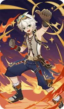 Rule 34 | 1boy, :d, arm scarf, arm up, bad source, bandaid, bandaid on face, bandaid on nose, belt, belt pouch, bennett (genshin impact), black boots, blue shorts, boots, brown belt, brown gloves, brown shirt, clenched hand, collarbone, collared shirt, cross-laced clothes, cross-laced top, fire, fold-over boots, genius invokation tcg (style), genshin impact, gloves, goggles, goggles on head, green eyes, hair between eyes, looking at viewer, male focus, official art, open mouth, pouch, shirt, short hair, shorts, sleeveless, sleeveless shirt, smile, socks, solo, standing, teeth, thumbs up, upper teeth only, vision (genshin impact), white hair, white socks, wing collar