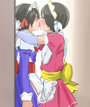 Rule 34 | 2boys, apron, arms around neck, black hair, blush, bulge, bun cover, closed eyes, crossdressing, erection, erection under clothes, french kiss, kiss, looking at another, maid, maid apron, maid headdress, multiple boys, raitaroo, saliva, short hair, sweat, tongue, trap, yaoi