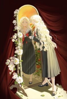 Rule 34 | 1girl, black serafuku, black shirt, black shoes, black skirt, blonde hair, blue eyes, blush, collarbone, curly hair, curtains, different reflection, earrings, expressionless, flower, full-length mirror, full body, hair ribbon, half updo, hand on own chest, high-waist skirt, jewelry, lalang, leaf, long hair, long skirt, long sleeves, looking at mirror, looking at self, loose hair strand, mary janes, mirror, neckerchief, original, parted hair, parted lips, petals, pink lips, pleated skirt, red neckerchief, reflection, revision, ribbon, sailor collar, school uniform, serafuku, shirt, shoes, skirt, solo, stage curtains, standing, tareme, white flower, white petals, white ribbon, white sailor collar