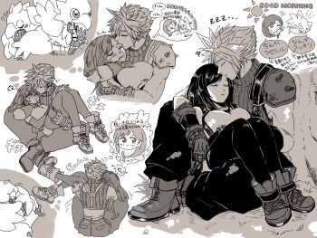 1boy 1girl 7f0410 armor bare_shoulders bird black_gloves black_thighhighs blush boots breasts chocobo closed_eyes cloud_strife commentary_request crop_top cuddling dreaming fat_chocobo final_fantasy final_fantasy_vii final_fantasy_vii_remake gloves greyscale heart highres hug indian_style large_breasts licking licking_another&#039;s_cheek licking_another&#039;s_face long_hair low-tied_long_hair male_focus miniskirt monochrome multiple_views ribbed_sweater saliva short_hair shoulder_armor sitting sitting_on_lap sitting_on_person skirt sleeping sleeveless sleeveless_turtleneck speech_bubble spiked_hair suspender_skirt suspenders sweatdrop sweater tank_top thighhighs thought_bubble tifa_lockhart translation_request turtleneck turtleneck_sweater white_tank_top zzz