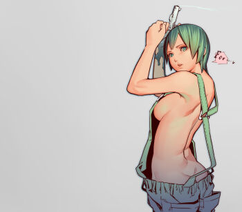 1girl ass back breasts butt_crack female_focus foo_fighters_(jojo) green_eyes green_hair gun jojo_no_kimyou_na_bouken looking_at_viewer looking_back medium_breasts muk_(monsieur) naked_overalls overalls parted_lips short_hair sideboob solo suspenders weapon
