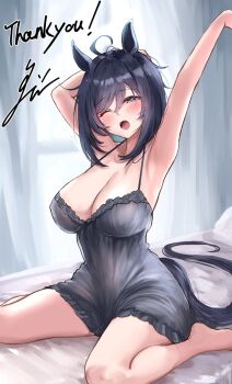 1girl ;o ahoge animal_ears arm_behind_head armpits arms_up babydoll barefoot bed black_babydoll black_hair blue_eyes breasts cleavage commentary commission eishin_flash_(umamusume) english_commentary food horse_ears horse_girl horse_tail large_breasts looking_at_viewer medium_hair one_eye_closed open_mouth pasta sg_(esujii) signature sitting skeb_commission solo spaghetti tail thank_you umamusume wariza yawning