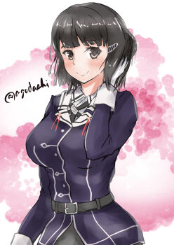 Rule 34 | 1girl, agodashi, black eyes, black hair, collared shirt, dress shirt, hair bun, hair ornament, hairclip, highres, jacket, kantai collection, military uniform, myoukou (kancolle), myoukou kai ni (kancolle), one-hour drawing challenge, purple jacket, shirt, short hair, smile, solo, twitter username, upper body, white shirt