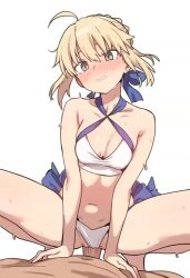 1boy 1girl ahoge animated artoria_pendragon_(fate) artoria_pendragon_(swimsuit_archer)_(fate) artoria_pendragon_(swimsuit_archer)_(first_ascension)_(fate) audible_internal_cumshot bikini blonde_hair bouncing_breasts braid braided_bun breasts cleavage cowgirl_position criss-cross_halter cum cum_in_pussy ebora fate/grand_order fate_(series) green_eyes hair_bun halterneck hetero nipples penis sex short_hair small_breasts sound straddling sweat swimsuit tagme uncensored vaginal video white_background white_bikini