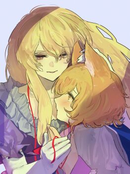 2girls absurdres animal_ears blonde_hair blue_tabard blush commentary_request dress elbow_gloves eneshi fox_ears fox_girl gloves hair_between_eyes hair_ribbon hand_on_another&#039;s_ear highres holding_hands light_smile long_hair long_sleeves looking_at_another medium_hair multiple_girls no_headwear parted_lips purple_dress purple_eyes ribbon short_sleeves sidelocks string string_of_fate tabard touhou upper_body white_dress white_gloves yakumo_ran yakumo_yukari yellow_eyes