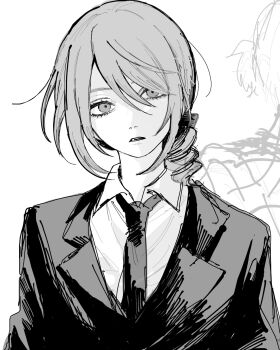 !_(rsa_yuhr) 1boy alternate_costume androgynous bow chainsaw_man crossover drill_hair drill_ponytail edgar_valden formal_clothes greyscale hair_between_eyes hair_bow head_tilt highres identity_v long_bangs male_focus monochrome necktie parted_lips portrait shirt suit trap white_background