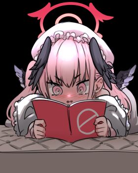 1girl absurdres aroused black_background black_wings blue_archive blush book commentary embarrassed fanged_bangs feathered_wings female_focus female_pervert frilled_hat frills hair_between_eyes halo hat head_wings highres holding holding_book koharu_(blue_archive) long_hair lying manga_(object) matching_hair/eyes mattress mob_cap neophyte no_symbol nose_blush on_bed on_stomach open_mouth pervert pillow pink_eyes pink_hair pink_halo pink_hat pornography reading simple_background solo straight-on twintails v-shaped_eyebrows v-shaped_eyes white_hat wide-eyed wings