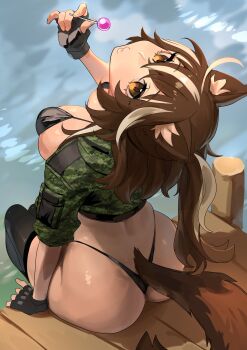 1girl absurdres animal_ears ass bikini black_bikini black_gloves black_thighhighs breasts brown_eyes brown_hair callisto_(greyeth) candy fingerless_gloves food fox_ears fox_girl fox_tail from_above gloves green_jacket highres holding holding_candy holding_food holding_lollipop jacket large_breasts lollipop long_hair looking_at_viewer looking_up multicolored_hair nia_(nia4294) original second-party_source sitting solo streaked_hair swimsuit tail thighhighs water white_hair