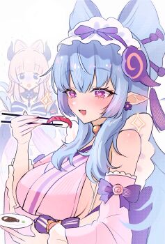 2girls :o absurdres arm_up bare_shoulders blue_collar blue_eyes blue_hair blush bow breasts chopsticks collar commentary_request crossed_bangs detached_collar detached_sleeves dress earrings fingernails flower flower_earrings food frilled_sleeves frills from_side genshin_impact hands_up highres holding holding_chopsticks holding_plate horns japanese_clothes jewelry kimono large_breasts long_fingernails long_hair looking_at_another looking_at_food maid maid_headdress multicolored_eyes multiple_girls nihongami nyamo-lv0 open_mouth pink_eyes pink_hair pink_kimono pink_pupils plate pointy_ears purple_bow purple_eyes purple_flower purple_horns rice salmon sangonomiya_kokomi sash sidelocks simple_background single_earring sleeveless sleeveless_dress sparkle sushi sweat trembling twitter_username upper_body white_background yumemizuki_mizuki