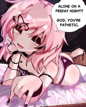 Rule 34 | 1girl, absurdres, alone on a friday night? (meme), armband, black armband, black background, black bra, black choker, black nails, black panties, blush, bra, bra strap, breasts, choker, cleavage, commentary, doki doki literature club, eclipxare, eyeshadow, fang, goth fashion, hair down, heart, heart-shaped pupils, highres, looking at viewer, lying, makeup, meme, natsuki (doki doki literature club), on bed, on stomach, paid reward available, panties, patreon logo, patreon username, pink eyes, pink hair, seductive smile, short hair, smile, untranslatable commentary, symbol-shaped pupils, underwear