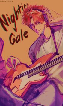 1boy absurdres adjusting_headphones blue_eyes commentary cowboy_shot curtained_hair english_commentary guitar headphones highres holding holding_plectrum instrument kai_(shadow_slave) logicsterrr looking_at_viewer male_focus music playing_instrument plectrum red_hair shadow_slave shirt short_hair smirk solo warm_colored white_shirt