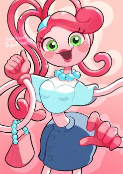 1girl alternate_costume bag breasts colored_skin gamorangetana handbag highres lipstick long_arms long_hair makeup mommy_long_legs pink_skin poppy_playtime side_ponytail