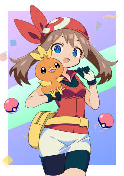 1girl :d absurdres bandana bike_shorts_under_skirt blue_eyes brown_hair collared_shirt commentary_request fanny_pack gen_3_pokemon gloves happy highres long_hair may_(pokemon) nintendo open_mouth poke_ball poke_ball_(basic) pokemon pokemon_(creature) pokemon_rse red_bandana red_shirt shirt short_sleeves skirt smile soramame_(mvfn8342) torchic white_skirt yellow_bag