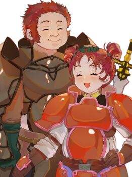 1boy 1girl armor brom_(fire_emblem) brown_hair closed_eyes double_bun father_and_daughter fire_emblem fire_emblem:_radiant_dawn hair_bun highres image_sample mariirasuto7 meg_(fire_emblem) nintendo open_mouth parted_bangs smile twitter_sample