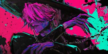 Rule 34 | 1boy, black hanbok, body markings, changback99, demon, fingernails, gat (hat), gatkkeun, hair over one eye, hanbok, hashtag-only commentary, hat, highres, korean clothes, kpop demon hunters, long fingernails, long sleeves, male focus, mystery (kpop demon hunters), parted lips, pink background, pink hair, short hair, solo, splatter