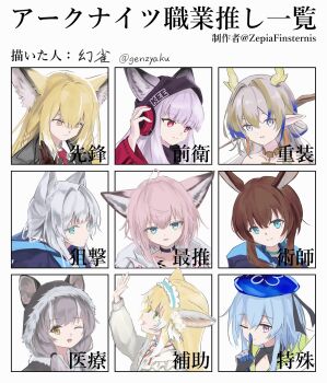 1boy 6+girls amiya_(arknights) animal_ears arknights black_choker blonde_hair blue_eyes blue_hair blue_hairband blue_hat brown_eyes brown_hair cat_ears cat_girl choker closed_mouth commentary_request dragon_girl dragon_horns ears_through_headwear fox_ears fox_girl frilled_hairband frills frostleaf_(arknights) genjaku green_eyes grey_hair hairband hat highres honeyberry_(arknights) hood hood_up horns long_hair material_growth mizuki_(arknights) multicolored_hair multiple_girls official_alternate_costume one_eye_closed open_mouth orange_eyes oripathy_lesion_(arknights) pink_hair pointy_ears purple_eyes rabbit_ears rabbit_girl red_eyes rosmontis_(arknights) shu_(arknights) squirrel_ears squirrel_girl sussurro_(arknights) suzuran_(arknights) suzuran_(spring_praise)_(arknights) translation_request vulpisfoglia_(arknights)