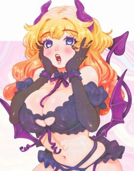 Rule 34 | 1girl, bare shoulders, black gloves, blonde hair, blue eyes, blush, breasts, choker, cleavage, collarbone, crop top, cuffs, demon girl, demon horns, demon tail, demon wings, elbow gloves, filter-goshi no kanojo, frilled choker, frilled cuffs, frilled shirt, frills, gloves, halloween, halloween costume, hand on own face, horns, koto mitsuha, large breasts, long hair, mole, mole on collarbone, multicolored hair, navel, official art, oomsz, orange hair, pink background, purple choker, purple horns, purple shirt, purple tail, purple wings, shirt, tail, white background, wings, wrist cuffs