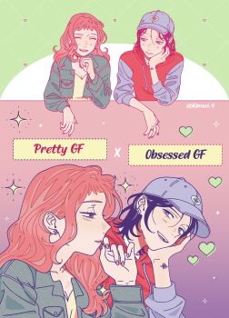 2girls barbell_piercing black_hair breasts cleavage commentary ear_piercing english_commentary english_text grey_hat grey_jacket hat head_rest highres hood hood_down hoodie industrial_piercing jacket kimsei kininatteru_hito_ga_otoko_ja_nakatta koga_mitsuki long_hair multiple_girls nail_polish oosawa_aya open_mouth parted_lips piercing pink_eyes pink_hair red_hoodie short_hair sidelocks tattoo yuri