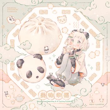 ! 1girl :&lt; animal animal_ears animal_on_head black_arm_warmers black_shoes blush closed_mouth cloud commentary_request cup eating food grey_pants jacket jewelry knees_up long_sleeves multiple_rings on_cloud on_head original panda panda_ears panda_girl pants ring ryokuno_green shoes short_hair sitting sparkle steamed_bun teapot translation_request watermark white_hair white_jacket wide_sleeves