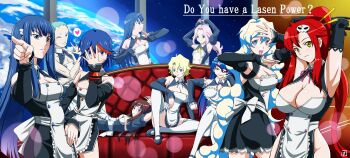 +_+ 1boy 6+girls adiane apron arms_up black_eyes blonde_hair blue_eyes blue_hair breasts brown_hair chopsticks cleavage cleavage_cutout clothing_cutout cosplay couch creator_connection crossdressing crossover darry_adai detached_sleeves dream_c_club dream_c_club_(cosplay) dream_c_club_(series) dress earth_(planet) eyepatch frills glasses green_hair hand_over_face highres jojo_no_kimyou_na_bouken jojo_pose kill_la_kill kinon_bachika kiryuuin_satsuki kiyal_bachika kiyoh_bachika large_breasts leeron_littner long_hair lying maid maid_apron matoi_ryuuko multicolored_hair multiple_girls nia_teppelin no_panties one_eye_closed parody pink_hair planet pointing ponytail red_hair short_hair siblings sisters sitting switch01 symbol-shaped_pupils tengen_toppa_gurren_lagann thighhighs two-tone_hair waitress white_legwear wink yellow_eyes yoko_littner