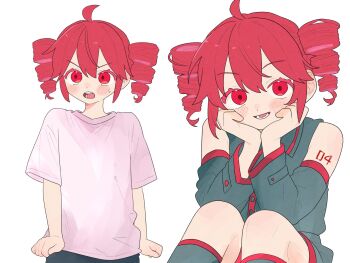 Rule 34 | 1girl, ahoge, alternate costume, bare shoulders, detached sleeves, drill hair, hashtag-only commentary, highres, kasane teto, kasane teto (utau), komori kamome, long sleeves, looking at viewer, multiple views, open mouth, pink shirt, red eyes, red hair, shirt, short sleeves, sitting, smile, t-shirt, twin drills, utau