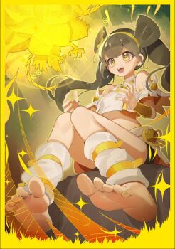 1girl aged_down barefoot black_hair commentary_request detached_sleeves double_bun duel_monster feet fingernails hair_bun hairband leg_warmers looking_at_another midriff nontraditional_miko official_alternate_costume official_alternate_hairstyle ohime_the_manifested_mikanko open_mouth ro_g_(oowack) second-party_source short_sleeves sitting smile solo teeth toes upper_teeth_only white_leg_warmers yellow_eyes yellow_hairband yellow_nails yu-gi-oh!