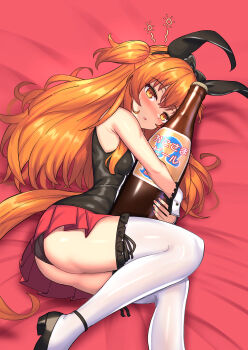 1girl animal_ears armpit_crease ass black_panties black_shoes black_vest blush bottle bunny_garden commentary_request cosplay drunk ear_covers fake_animal_ears frilled_wrist_cuffs frills highres horse_ears horse_girl horse_tail hugging_object kana_(bunny_garden) kana_(bunny_garden)_(cosplay) long_hair looking_at_viewer mayano_top_gun_(umamusume) miniskirt nose_blush open_mouth orange_hair orange_tail panties pleated_skirt rabbit_ears red_skirt shoes skirt sleeveless solo tail thighhighs thighs two_side_up umamusume underwear vest voice_actor_connection white_thighhighs white_wrist_cuffs wrist_cuffs yuutopia