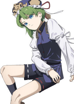 1girl asuka_shirou asymmetrical_hair black_pants black_socks blue_hat commentary_request epaulettes flower frilled_hat frills green_hair hair_bobbles hair_ornament hat hat_ribbon highres looking_at_viewer pants ribbon ribbon-trimmed_skirt ribbon_trim shiki_eiki sitting sleeve_bow socks solo spider_lily touhou vest white_background