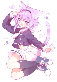 Rule 34 | 1girl, ahoge, animal ears, black hairband, black socks, cat ears, cat tail, fang, food, hairband, heart, highres, hololive, navel, nekomata okayu, nekomata okayu (school uniform), onigiri, purple eyes, purple hair, sailor collar, shorts, socks, tail, todomaki41, virtual youtuber, white sailor collar, white shorts