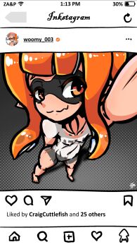 1girl battery_indicator blunt_bangs bodypaint breasts closed_mouth collarbone completely_nude fake_screenshot false_clothes female_focus from_above half-closed_eyes heart highres inkling inkling_girl inkling_player_character instagram instagram_username loli long_hair magnifying_glass naked_paint navel nintendo nipples nude orange_eyes orange_hair painted_clothes plus pointy_ears selfie small_breasts smile solo splatoon_(series) splatoon_1 squid standing tentacle_hair uncensored verymediocre wavy_mouth wi-fi_symbol