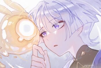 Rule 34 | 1boy, artist name, black bodysuit, blunt ends, bodysuit, bright pupils, cape, choppy bangs, commentary, creature request, curled fingers, eyeliner, fingernails, genshin impact, hand up, highres, looking at creature, makeup, male focus, mandarin collar, open mouth, portrait, purple cape, purple eyes, purple hair, red eyeliner, scaramouche (genshin impact), shoulder peek, solo, symbol-only commentary, tsurime, wanderer (genshin impact), white background, white pupils, yaginori