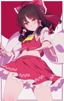 1girl blush breasts brown_hair crop_top frilled_skirt frills from_below hair_between_eyes hakurei_reimu highres looking_at_viewer navel ratsuku_kinoko red_skirt skirt sleeveless small_breasts smile solo thighs touhou yellow_eyes