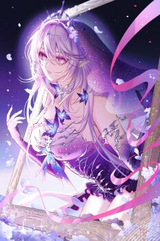 1girl absurdres alternate_costume astercatto bare_shoulders blue_butterfly breasts bright_pupils bug butterfly castorice_(honkai:_star_rail) dress elbow_gloves falling_petals flower gloves hand_up highres honkai:_star_rail honkai_(series) insect large_breasts long_hair parted_lips petals pointy_ears purple_dress purple_eyes purple_gloves purple_hair purple_veil solo tiara veil white_pupils