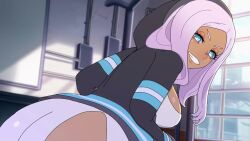 1boy 1girl 3d amplected animated anus ass black_jacket blue_eyes bouncing_ass bouncing_breasts breasts breasts_out buttjob clothed_sex continuous_ejaculation cum cum_in_mouth cum_on_body cum_on_breasts cum_on_upper_body dark-skinned_female dark_skin dress en&#039;en_no_shouboutai erection fellatio grinding handjob hetero hibana_(enen_no_shouboutai) huge_ass jacket large_breasts laughing long_hair nipples no_panties oral penis pink_hair sex sitting sitting_on_person smile smug sound spread_legs symbol-shaped_pupils tagme testicles theblackmissus two-handed_handjob unusual_pupils vaginal video voice_actor white_dress