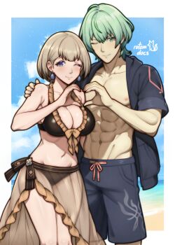 1boy 1girl ;) absurdres artist_name bare_arms bare_shoulders beach bikini black_bikini blue_eyes blue_jacket blue_sky blue_swim_trunks border breasts cleavage cloud collarbone commentary commission cowboy_shot crest_of_flames english_commentary fire_emblem fire_emblem:_three_houses fire_emblem_heroes frills front-tie_bikini_top front-tie_top green_eyes green_hair groin hair_between_eyes hair_over_shoulder hand_on_another's_shoulder heart heart_hands heart_hands_duo highres jacket ko-fi_commission large_breasts light_blush looking_at_viewer male_byleth_(awakened)_(fire_emblem) male_byleth_(fire_emblem) male_swimwear mercedes_von_martritz mercedes_von_martritz_(summer) mercedes_von_martritz_(timeskip) muscular muscular_male navel nintendo ocean official_alternate_costume official_alternate_eye_color official_alternate_hair_color one_eye_closed open_clothes open_jacket outdoors parted_hair rotomdocs sarong second-party_source see-through_clothes see-through_sarong short-sleeved_jacket short_hair short_sleeves signature sky smile standing stomach swim_trunks swimsuit thighs white_border