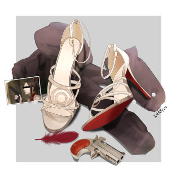 1girl artist_name bar_censor border censored censored_identity feathers feet grey_background gun handgun high_heels highres holding holding_gun holding_weapon photo_(object) red_feathers revolver sandals shoes simple_background solo strappy_heels toeless_footwear toes unworn_shoes weapon white_border white_footwear xnnagu