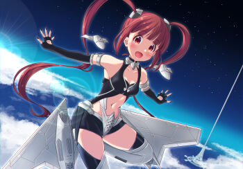 1girl ace_combat ace_combat_7 adf-11f_raven airborne_aircraft_carrier alternate_costume arsenal_bird arsenal_bird_(cosplay) bare_shoulders black_gloves black_nails blush breasts cleavage cloud collarbone commentary_request cosplay drone elbow_gloves fingerless_gloves gloves highres idolmaster idolmaster_million_live! idolmaster_starlit_season lens_flare lighthouse_(ace_combat) long_hair looking_at_viewer matsuda_arisa mecha_musume mechanical_wings mq-101 nail_polish navel nayan70 open_mouth outdoors parasite_aircraft personification red_eyes red_hair sky smile solo space_elevator star_(sky) starry_sky stratosphere sunlight tower twintails unmanned_aerial_vehicle unmanned_combat_aerial_vehicle very_long_hair wings