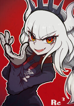 1girl black_necktie collared_shirt demon_girl demon_horns fang formal_clothes gloves helltaker highres horns jacket long_hair long_sleeves looking_at_viewer lucifer_(helltaker) mole mole_under_eye necktie open_mouth outline red_background red_eyes red_shirt reiwa_rerere shirt simple_background smile solo suit suit_jacket upper_body white_gloves white_hair white_horns