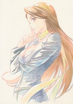 1girl ace_attorney agahari arm_under_breasts black_jacket breasts brown_eyes brown_hair cleavage closed_mouth commentary_request cropped_torso earrings from_side hand_on_own_chin hand_up highres jacket jewelry lapels long_hair looking_at_viewer magatama magatama_necklace medium_breasts mia_fey necklace scarf sideways_glance smile solo very_long_hair white_background yellow_scarf