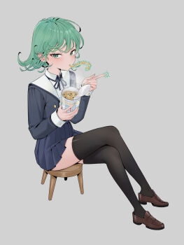 1girl black_ribbon black_shirt black_skirt black_thighhighs breasts brown_shoes bygin commentary crossed_legs cup curly_hair eating english_commentary food green_eyes green_hair grey_background highres holding holding_cup instant_cup_noodles instant_noodles loafers long_sleeves looking_at_viewer neck_ribbon noodles on_stool one-punch_man ribbon sailor_collar school_uniform serafuku shirt shoes short_hair simple_background sitting skirt small_breasts solo stool tatsumaki thighhighs thighs white_sailor_collar